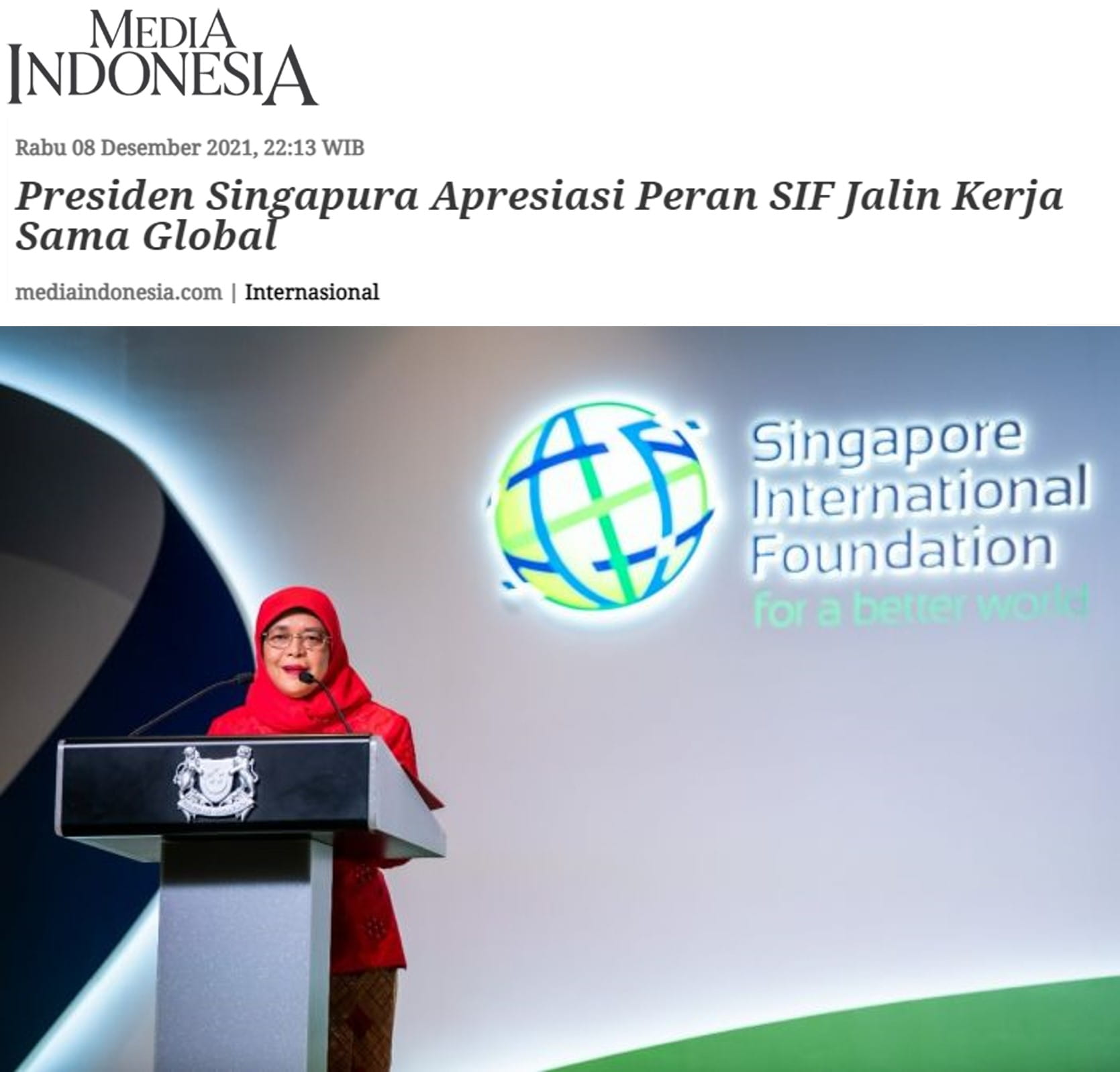 Singapore President Appreciates SIF's Role in Global Cooperation