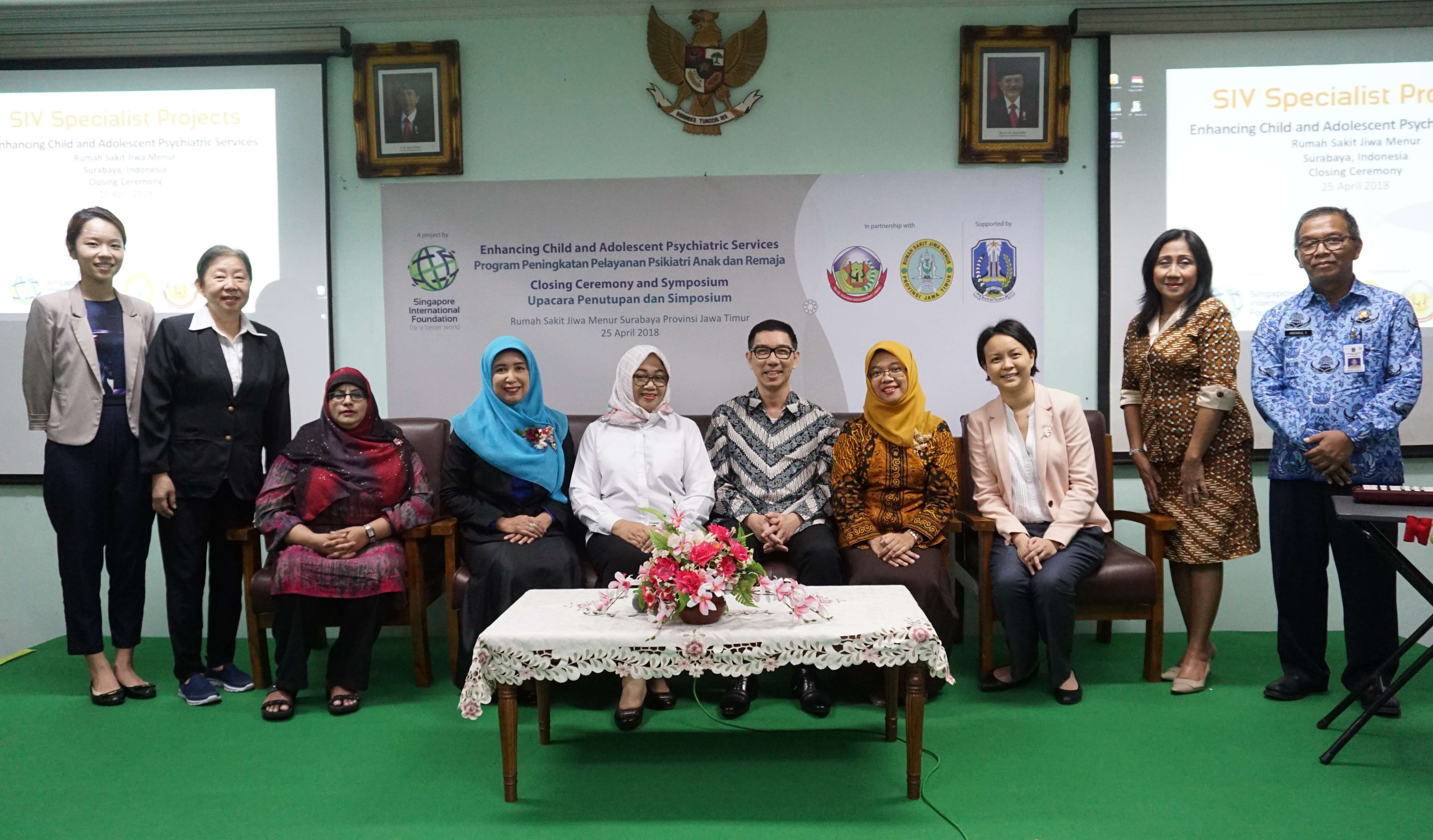 Guest-of-honour Ms Annie Retnowanti (5th from left), Head, Cooperation Division, Bureau of Public Relations and Protocols of Regional Secretary, EJPG, graces the closing ceremony of the two-year mental health project that has since benefited over 10,000 people in East Java, Indonesia.