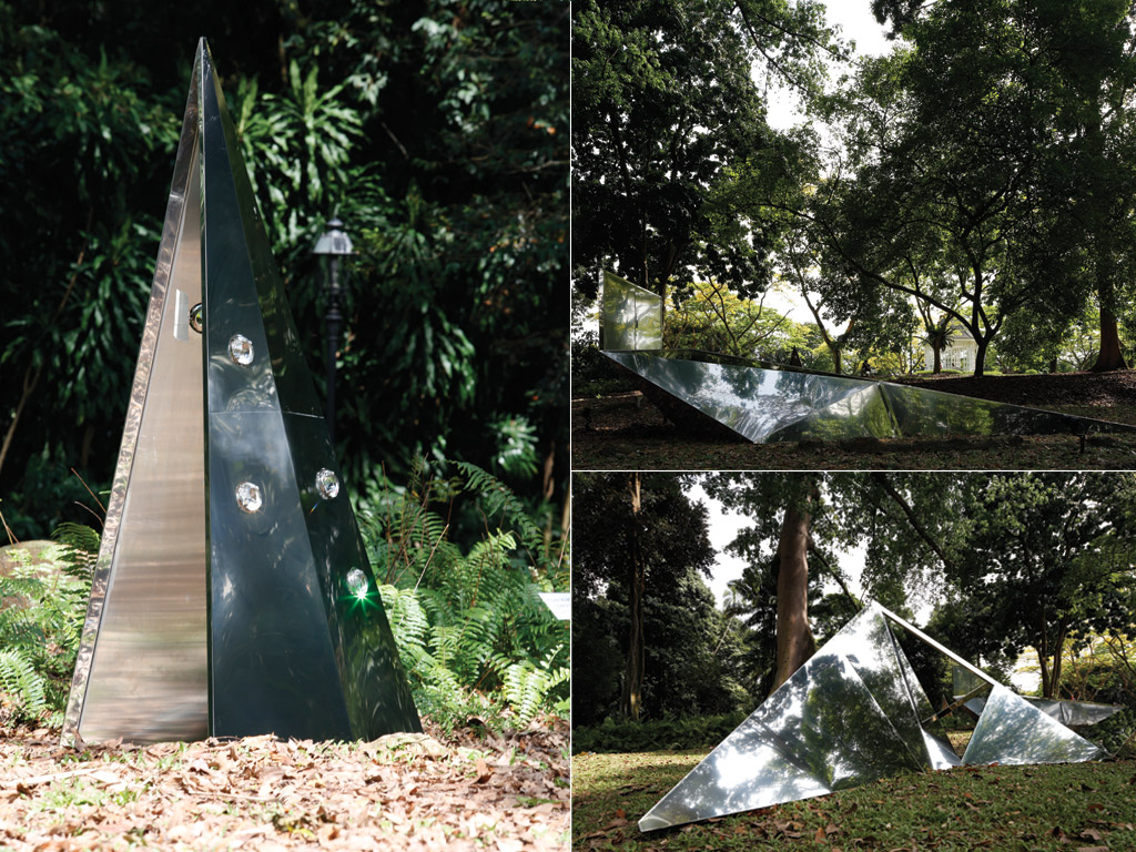 Angles of Incidence comprises a family of reflective multi-faceted steel structures, some of which patterned with crystal elements, placed beneath the canopy of an 80-year old Kapok tree.