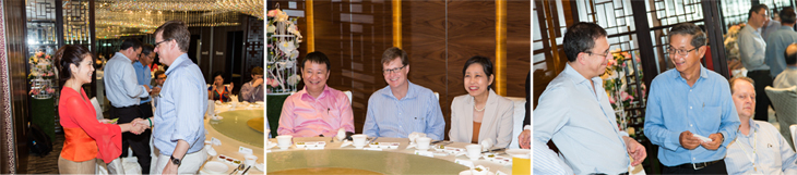 SIF Executive Director Jean Tan welcoming NAF Vice President Andres Martinez (left photo) to the lunch for the NAF delegation hosted by SIF Chairman Euleen Goh, involving Shell Companies and School of the Arts Chairman Lee Tzu Yang (centre photo) as well as Centre for Liveable Cities Executive Director Khoo Teng Chye (right photo, first from right).