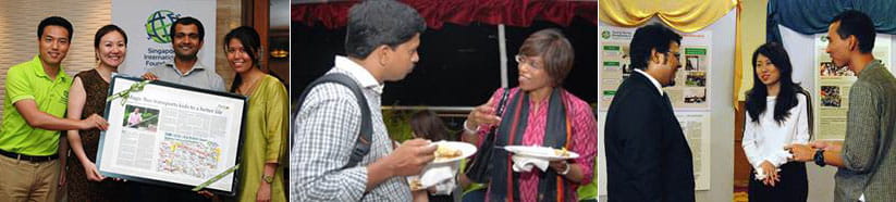 From left to right: SIF International Networking staff presenting a token of appreciation to Magic Bus financial consultant Deepak Kasthwal (second from right) for their partnership in the YSE programme; SIF International Volunteerism Director Margaret Theravakom (right) engaging in a discussion with capacity building partner Buds of Christ co-founder Jeyapaul Sunder Singh, over a meal of Indian and Singaporean fare; SIF International Volunteerism Manager Elaine Ng (centre) with I.M.Pad co-found
