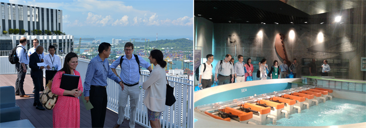 The NAF delegation being briefed on Singapore’s housing policies at the Pinnacle at Duxton (left photo) and learning more about Singapore’s water management strategies at the Marina Barrage (right photo). [left photo: Housing Development Board, right photo: Public Utilities Board]