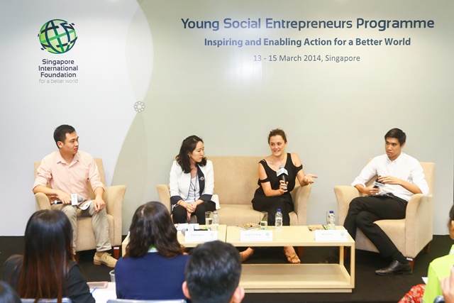 Social entrepreneurs sharing their journeys with YSE participants. From left: Empact Founder Peter Yang, Ashoka Fellow and InfollutionZERO Co-Founder Park Yuhyun, Gone Adventurin’ Co-Founder Jacqui Hocking and YSE Alumnus and StartNow Founder Keith Tan. 