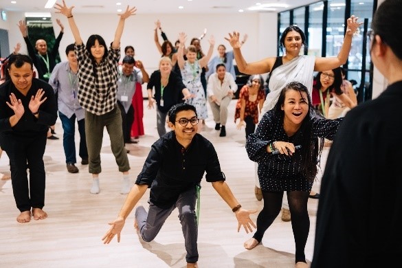 The group picked up drama-based techniques that can be used to engage youth during a lively workshop run by Singapore Fellows Shalyn Yong and Thomas Lim.
