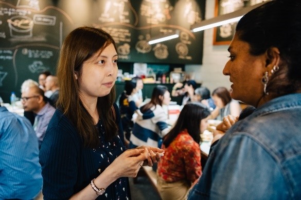 After a visit to the Esplanade to learn about the performing arts centre's youth engagement initiatives, (left) Sherry Soon, an alumnus from the A4G Fellowship in 2017 exchanged ideas for collaboration with Kamya Ramachandran (right), a Fellow from India.