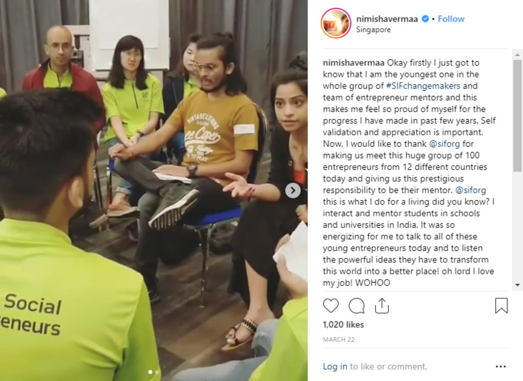 An Instagram post by Nimisha Verma from India, one of the regional influencers the YSE participants met, at the first-ever interactive World Cafe session. During the hour-long session, participants had the opportunity to learn more about the work of each respective influencer, and how they leverage on digital tools to maximise social impact.