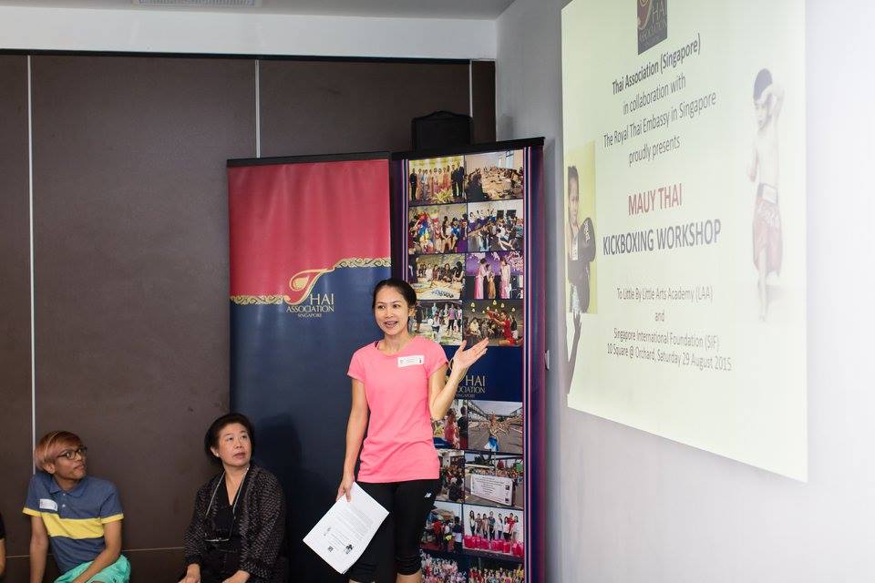 Ms Sasiwimon Wongjarin, Committee member of the Thai Association (Singapore), introducing insights into the Thai way of life through their traditional martial arts form Muay Thai.