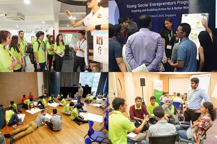 Throughout the workshop, YSEs got to learn from various social, corporate and academic leaders. Clockwise, from top-left: YSEs learning about Singapore’s latest initiatives in fostering inclusiveness for people with disabilities; Speakers and facilitators from Uber shared the secret behind their marketing success with the YSEs; YSEs working on their Design Thinking exercise at the Designing Meaningful Solutions workshop by Awaken Group; Students and graduates of INSEAD, Nanyang Business Sc