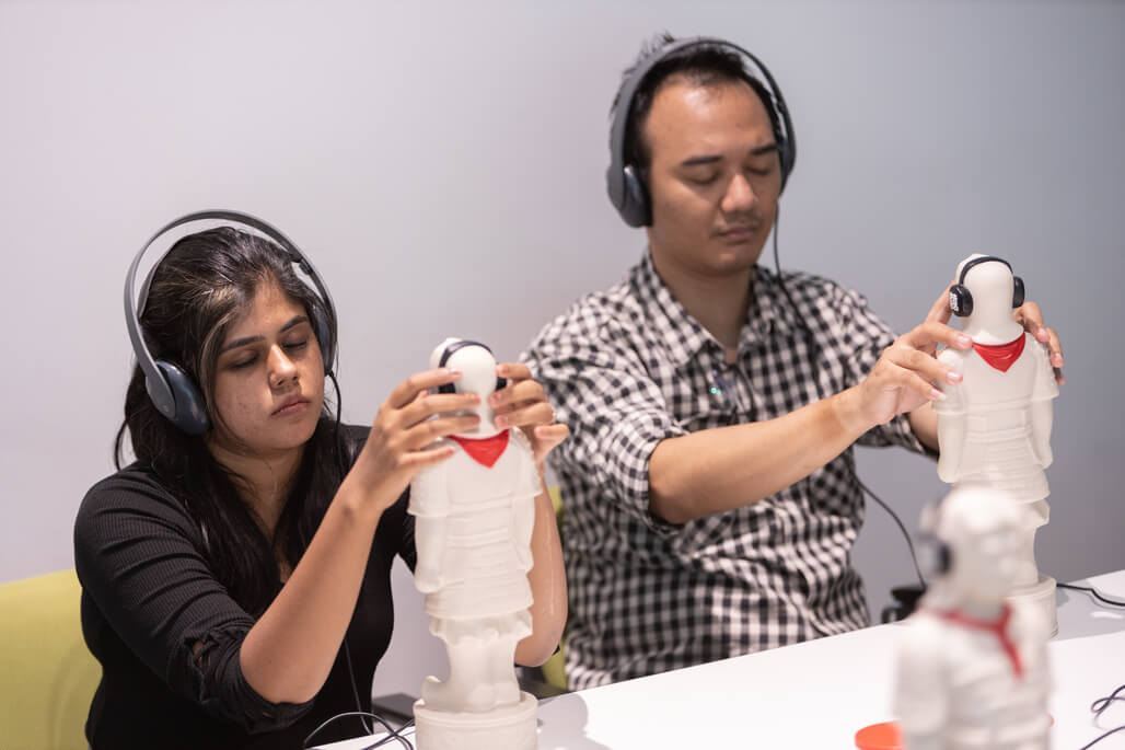 Indian and Indonesian media experiencing the Touch Collection by the Singapore Art Museum, a roving exhibition curated to make contemporary arts accessible to all communities, primarily the visually impaired. 