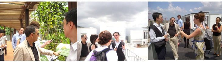The journalists exploring Punggol 21 - Singapore’s first public eco-precinct to feature solar panels powering common areas, cool walls and greening on the roof decks to lower the ambient temperature.