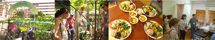 Discovering an organic farm in the heart of a housing estate - Kampung Senang; an organic farm within the housing district of Tampines, managed by volunteers who grow organic fruits and vegetables for consumption by beneficiaries. The journalists’ sampled edible crops grown at the farm, were treated to a home-grown locally produced vegetarian lunch and also learnt about a traditional Chinese medical clinic run by volunteers doctors offering free treatment and consultation to patients.