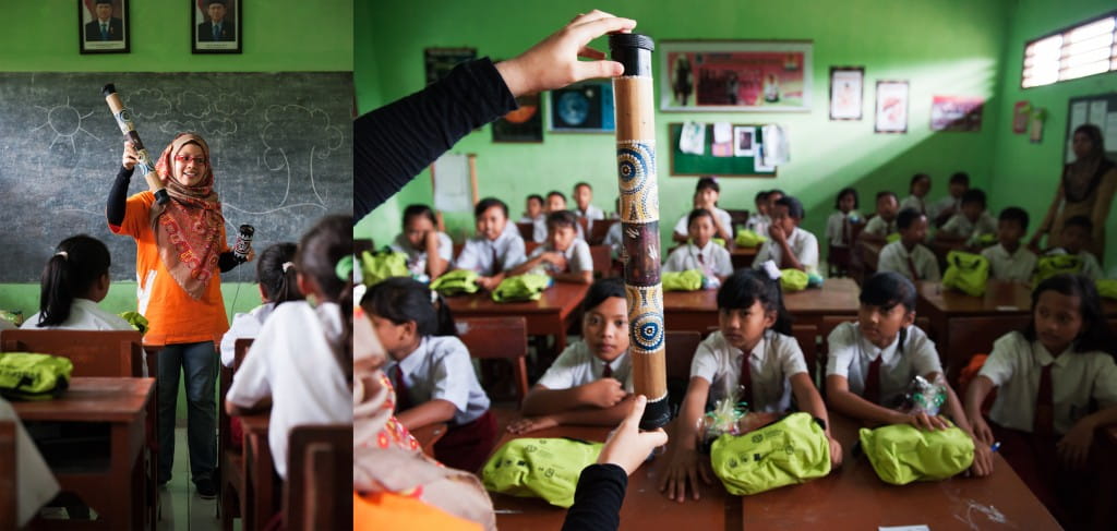 (Left to right) SIVs Far’ain Bte Jaafar, Betsy Ng and Nurul Hannah Mohd Amran carried out a water cycle learning activity for the students using cards, books and other props. The students were encouraged to be active learners and participated in the different activities.