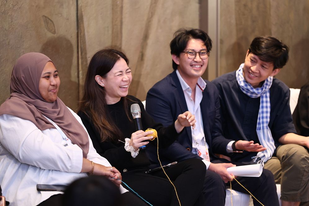 Serene Cai, co-founder of Speedoc (second left), participated in hands-on workshops including yarn-based activities designed to demonstrate how shared creative spaces can build ‘social glue’ and local resilience.