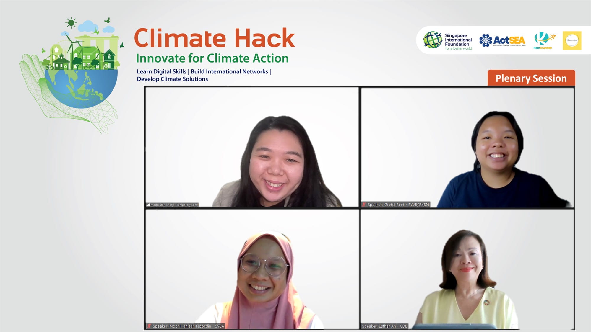 The conference’s plenary session featured (clockwise from top left) Ms Cheryl Lee, Environmentalist and Founder of Temporary Local (moderator), Ms Gretel Seet, Chapter Coordinator at Singapore Youth Voices of Biodiversity, Ms Esther An, Chief Sustainability Officer at City Developments Limited, and Ms Noor Hanisah Noordin, a core team member of Singapore Youth for Climate Action. The speakers talked about their key takeaways from their efforts to drive change for a greener future.