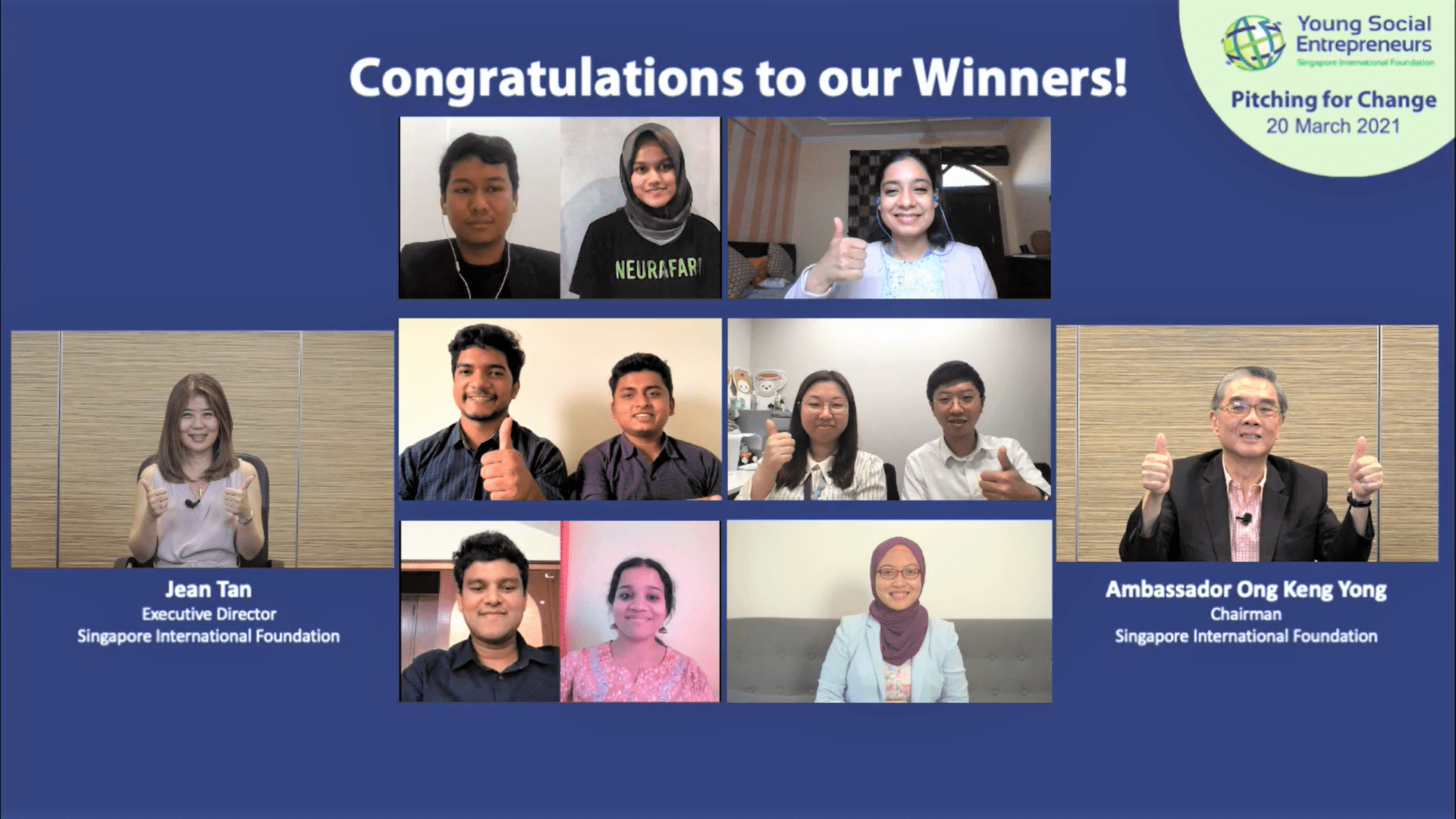 Six social enterprise teams emerged as winners at the 2020 edition of the Singapore International Foundation’s Young Social Entrepreneurs Global programme. From left: (first row) Neurafarm (Indonesia) and Canfem (India); (second row) Ms Jean Tan, SIF Executive Director; Safewheel (Bangladesh), Gabi (Hong Kong), SIF Chairman Ambassador Ong Keng Yong; (third row) International Changemaker Olympiad (India) and Fempreneur Secrets (Singapore).