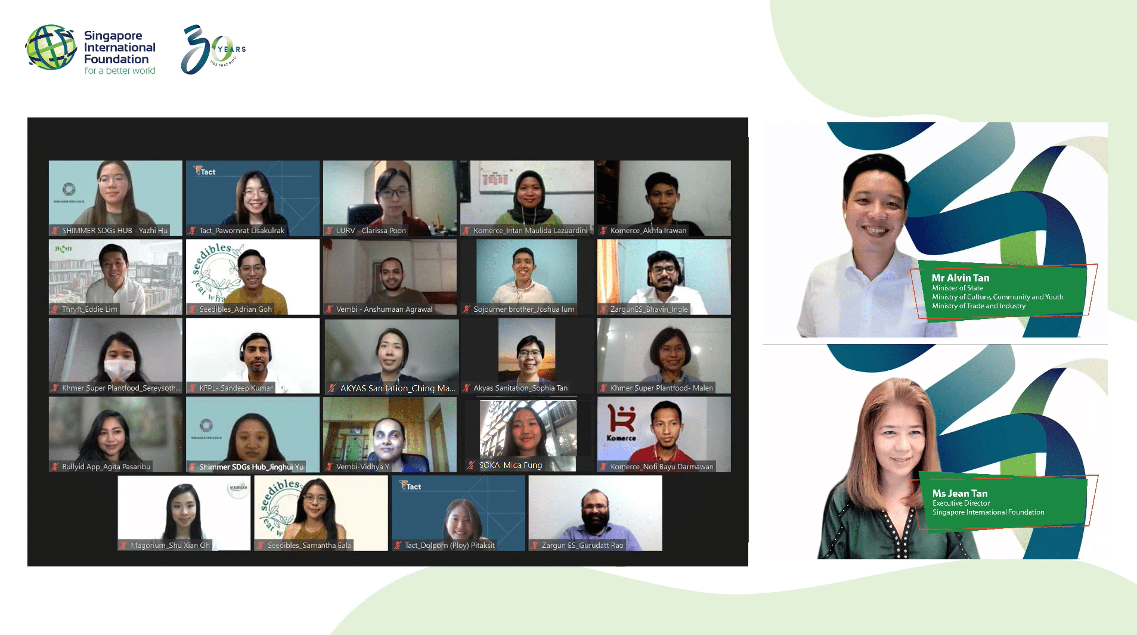 Fifteen social enterprise teams have been shortlisted for the next phase of the Singapore International Foundation’s (SIF) Young Social Entrepreneurs (YSE) Global 2021 programme. The virtual ceremony was attended by Mr Alvin Tan (top right), Minister of State for Culture, Community and Youth and Trade and Industry and Ms Jean Tan, SIF Executive Director (bottom right).