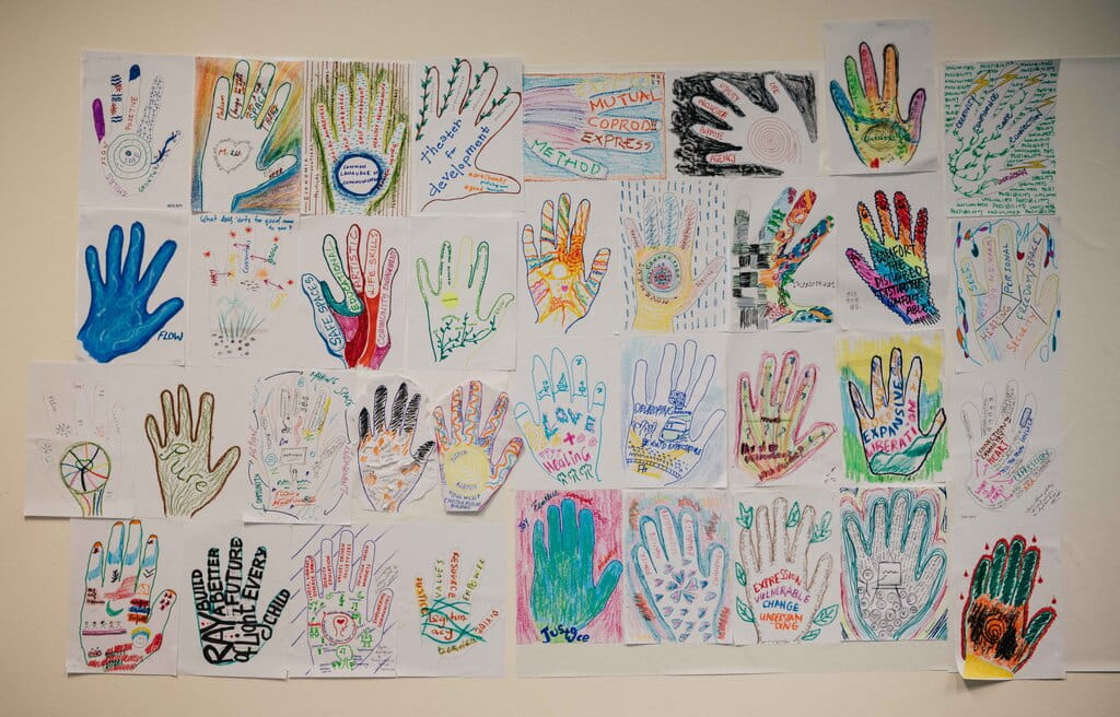 A community mural created collaboratively by the Fellows explored what Arts for Good means to each of them. In the spirit of harnessing the power of arts and culture to create positive social change, they explored common themes in their creations like “love”, “healing”, “connection”, “community” and “inclusion”.