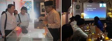 From left to right: Head of Harmony Centre at An-Nahdhah Mohd Ali bin Atan (right), provided the YBAs with an overview of Singapore’s multi-cultural and multi-religious landscape; A 'live' via Skype welcome for the 2013 YBA participants, from 2010 alumnus and SIF Shanghai representative Zhou Ji at social enterprise Mr Brawn Café.