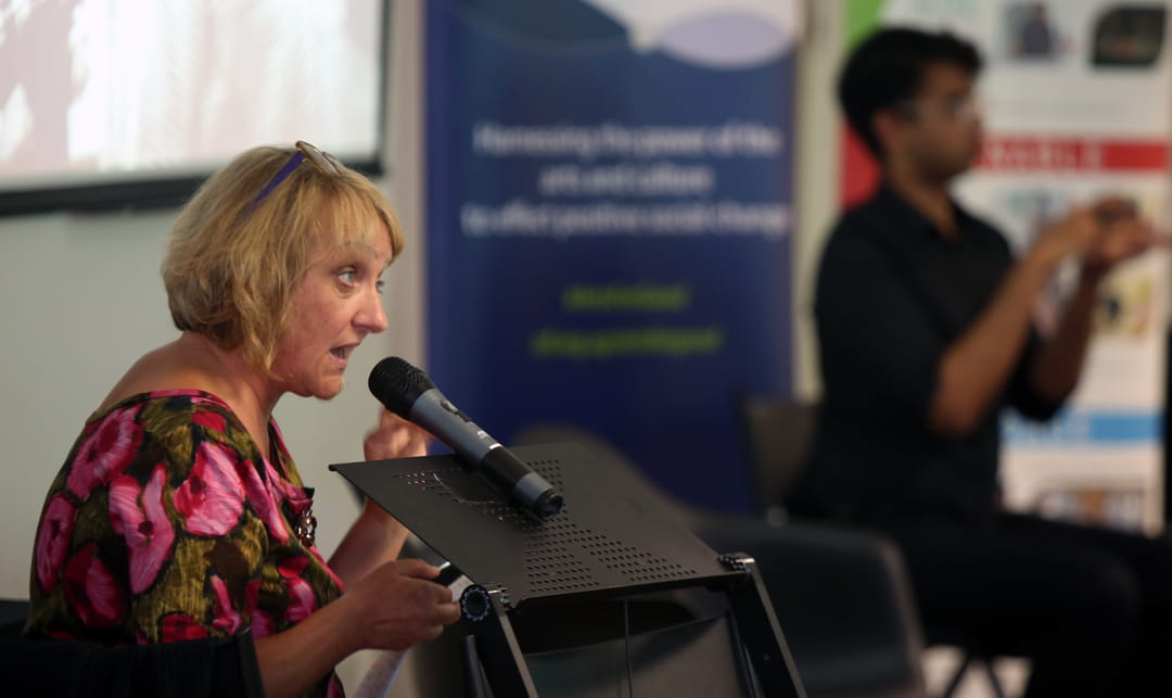 (Co-founder of the Sync Programme Sarah Pickthall (left), gave a public talk on the topic, “When Disability and Digital Collide”. She shared a variety of examples of how digital technology can be leveraged to empower persons with disabilities and create more inclusive and accessible environments in the arts.