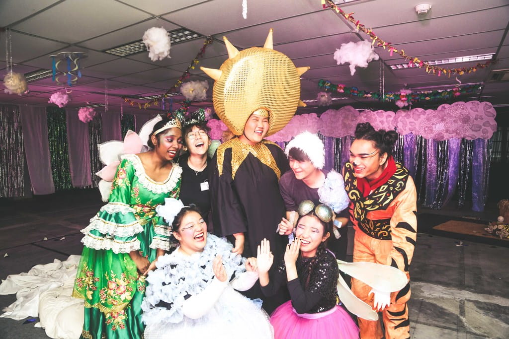 Riley's Rain, a multisensory performance staged by Republic Polytechnic students (left) at CEX 2019, aims to provide a safe and friendly environment for children, especially on the autism spectrum, through the use of textural props, costumes and the interactive use of scenery, lighting and sounds.