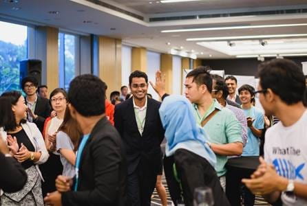 Mohit Dave (centre), Co-Founder of Saadhan, India, a Young Social Entrepreneurs 2016 winning team, receiving cheers from his peers during the awards ceremony.