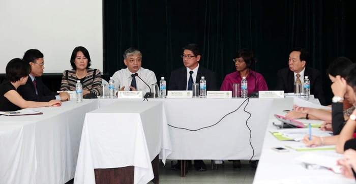Group Media Q&A Briefing Session at the SIF-ULSA Social Work Seminar on 4 November 2013. (L-R: Rector, ULSA, Professor Nguyen Thi Thuan, Vice Minister, Ministry of Labour, Invalids and Social Affairs (MOLISA), Dr Doan Mau Diep, Singapore Ambassador to the Socialist Republic of Vietnam, His Excellency Ng Teck Hean, Director of SIF, Ms Margaret Thevarakom and Singapore International Volunteer and Senior Fellow at NUS Social Work Department, Mr John Ang.)