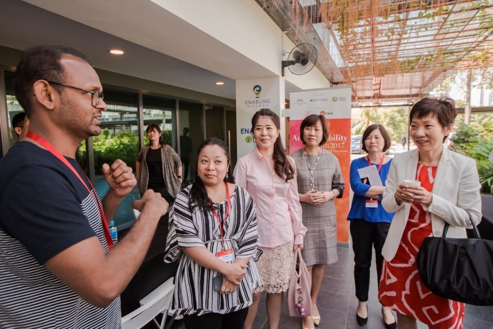 (From left) Keynote speakers Ramesh Meyyappan and Myra Tam sharing takeaways from the discussions with Minister Grace Fu (far right). Accompanying Minister Grace Fu are, (third from left) Jean Tan, Executive Director, SIF, Ku Geok Boon, CEO, Enabling Village, and Chua Ai Liang, Director, Arts & Communities, NAC.