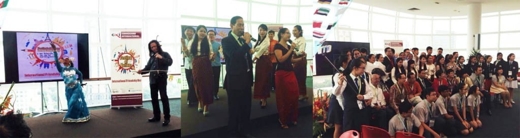 (left to right): A fusion performance by a Chinese musician playing the erhu and an Indian dancer; the Cambodian ambassador joined in the cultural song-and-dance item by members of the Cambodian community; a student prepares to take a huge group selfie wi