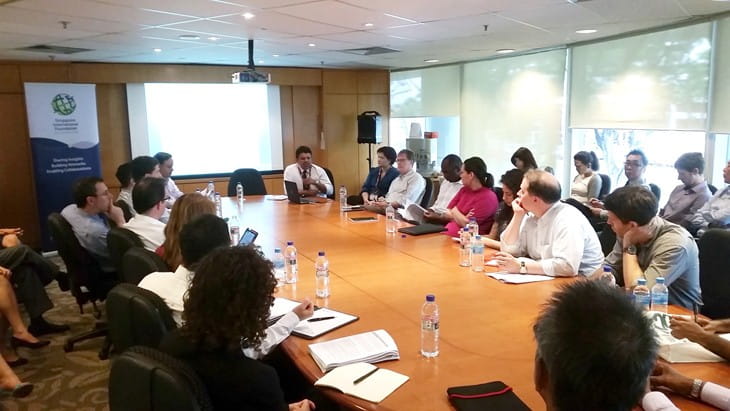 Singapore Press Holdings Editor-in-Chief Patrick Daniel (facing front) shares with the NAF delegation about the local media landscape and the challenges posed by online media to traditional media outlets.