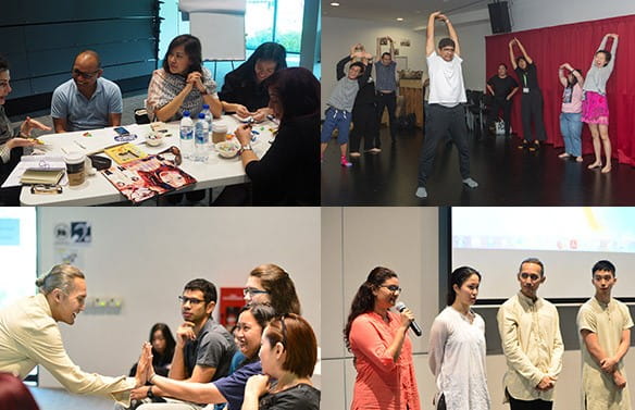 (Top row) Experiential learning sessions at VSA enabled participants to explore visual arts as well as theatre modes for engaging persons with disabilities. (Bottom row) Maya Dance Theatre showcased and shared their work inspired by engagements with beneficiaries at the Singapore Association for Mental Health.