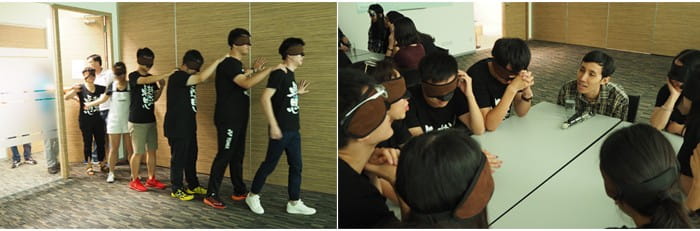 (From left): Participants experiencing how one with visual impairment would navigate a space through other senses. They interacted with visually impaired facilitators like (second photo, in checked shirt) Zahier from Etch Empathy who shared insights into their daily lives.