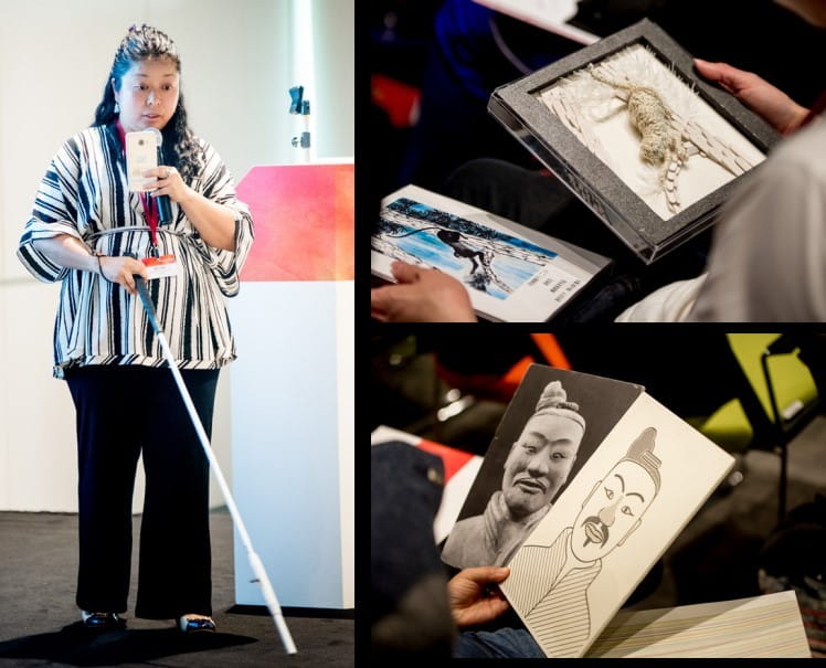 Myra Tam demonstrating a smart phone application that helps the visually impaired navigate their surroundings and showcasing multi-sensory artwork, as part of her keynote address titled ‘Regional Trends in Inclusive Arts Programming: Hong Kong’.