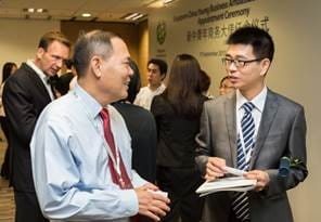 Some 40 guests were present at the appointment ceremony at SIF, including Keppel Corp Chief Representative (China) Goh Toh Sim (left, foreground) speaking with YBA 2013 Shao Xudong, and Sentosa Leisure Group CEO Mike Barclay (left, background).