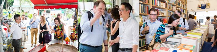 URA Conservation Management Director Kevin Ang (left photo, first from left) shares with the NAF delegation conservation efforts by the residents of Tiong Bahru. The delegation also try drinking coffee, the local way (centre photo) and get acquainted with the works of Singaporean writers at local bookstore Books Actually (right photo).