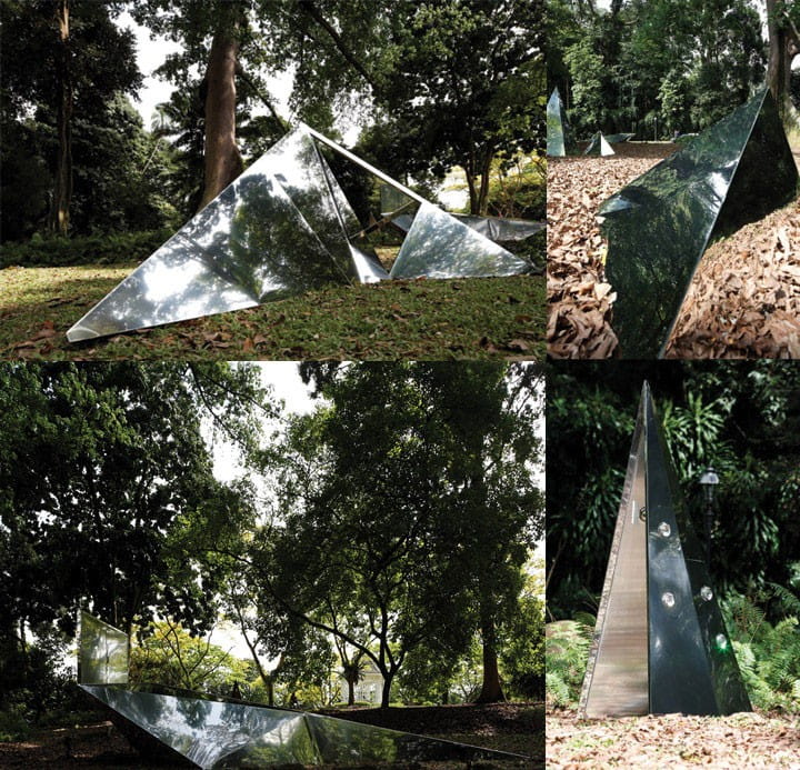 Angles of Incidence comprises a family of reflective multi-faceted steel structures, some of which patterned with crystal elements, placed beneath the canopy of an 80-year old Kapok tree to create a dynamic relationship between the installation and its environment.