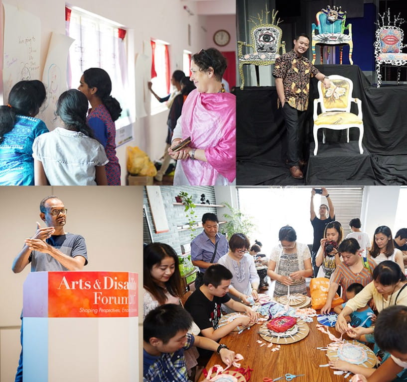 A glimpse of some of the programmes that the SIF has run in the past year that harnesses the power of the arts for social impact. (Clockwise from top) Empowering Communities through Arts Education in India, CHAIRITY, Arts and Design Against Cancer in Indonesia, Art of Sustainability in China and the Arts & Disability Forum 2017 in Singapore.